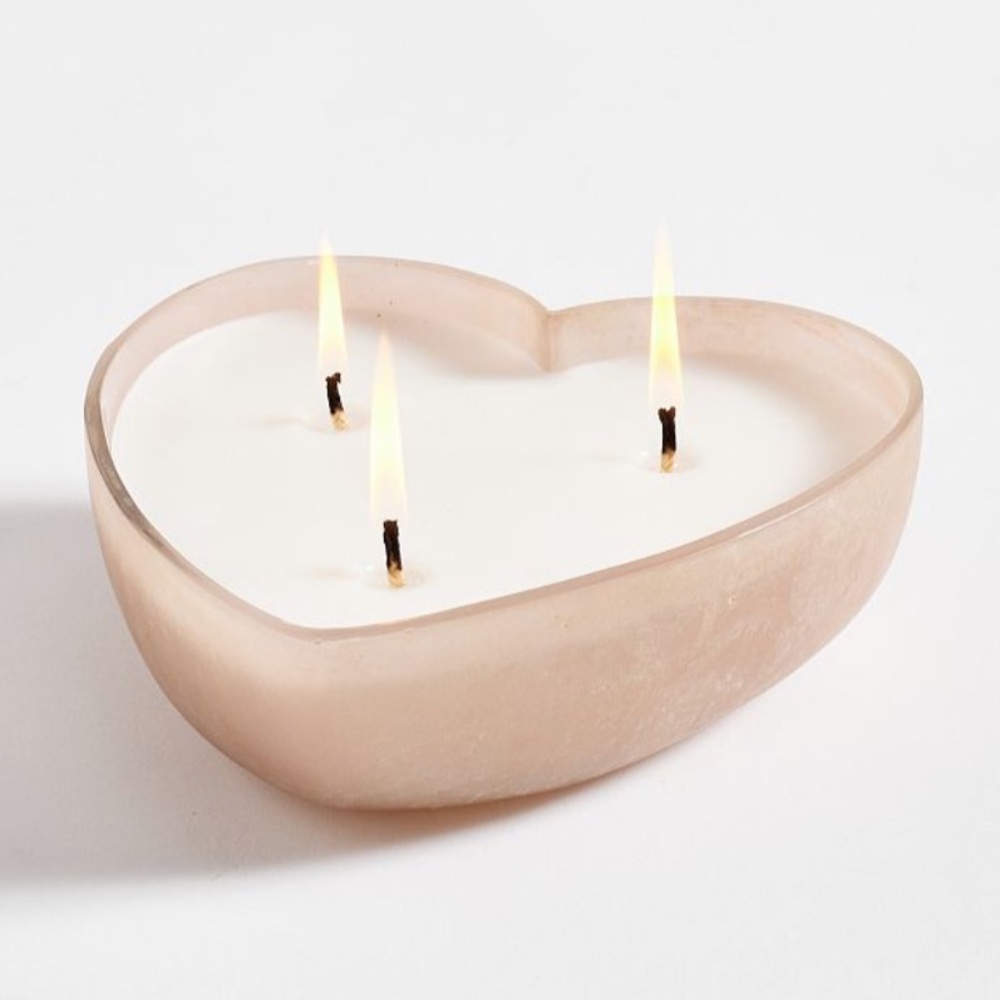 Pottery Barn Pink Frosted Glass Heart Candle Rose & Peony 3 Wick